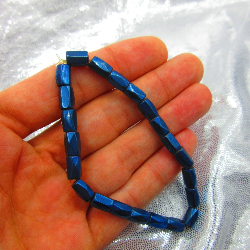 Blue Titanium Hematite Magnetic Barrels 7" Stretchy Gemstone Bracelet